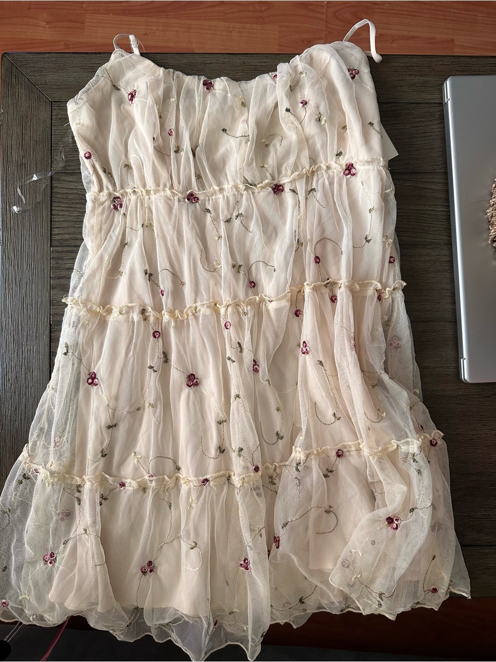 Cream Floral Tiered Spaghetti-Strap Casual Dress